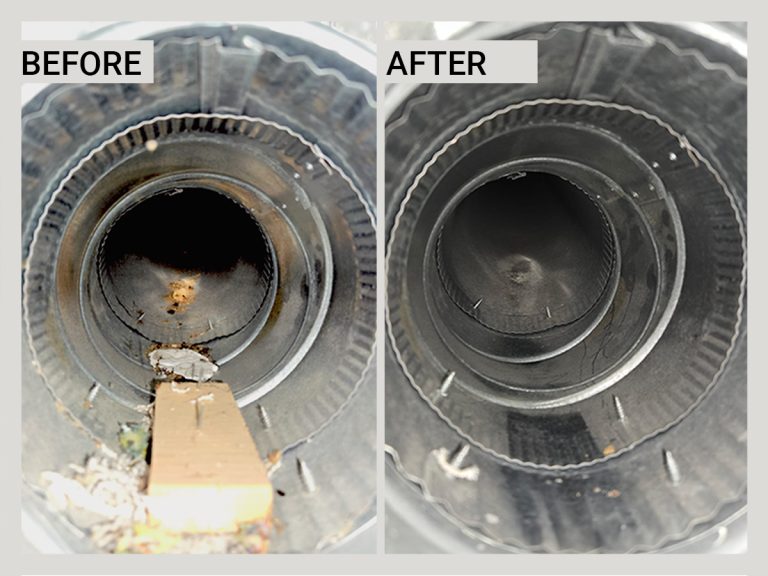 View of the inside of a round air duct, on the left the duct contains dirt and debris with the word "before", on the right the debris is cleaned up with the word "after".